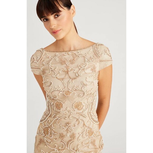 Theia Silvia Bateau Beaded Midi Dress Tan Metallic Sample Size 0  $845 [jb] - Picture 2 of 12